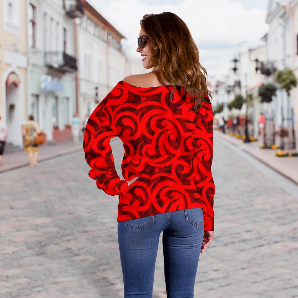 Maori Red Themed Design Print Off Shoulder Sweatshirt