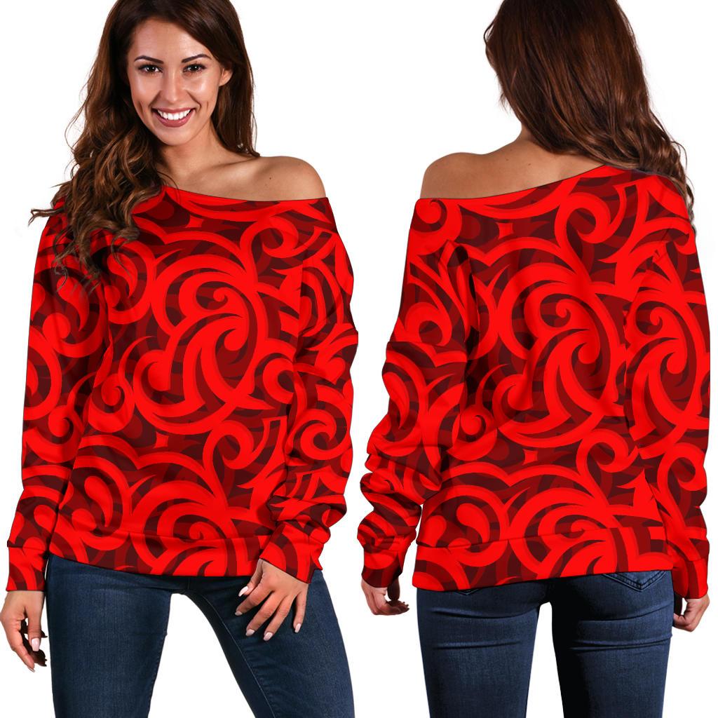 Maori Red Themed Design Print Off Shoulder Sweatshirt