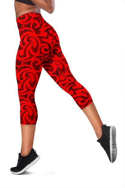 Maori Red Themed Design Print Women Capris