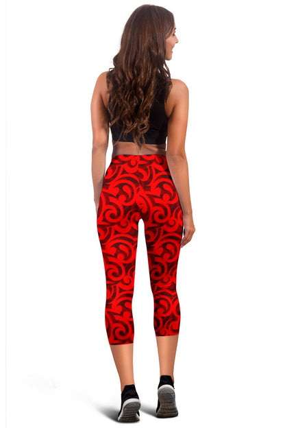 Maori Red Themed Design Print Women Capris