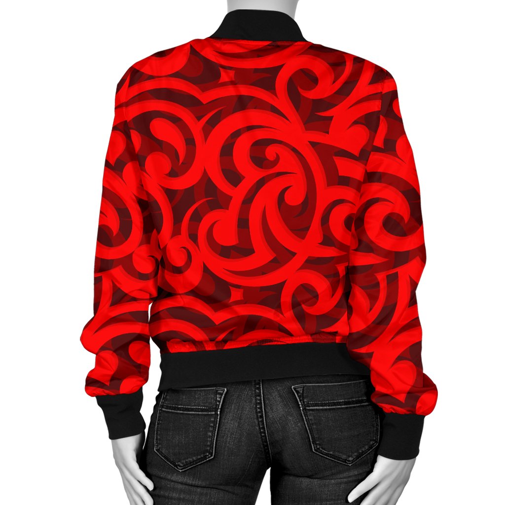 Maori Red Themed Design Print Women Casual Bomber Jacket