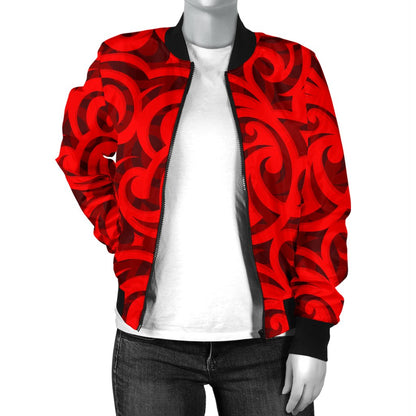 Maori Red Themed Design Print Women Casual Bomber Jacket