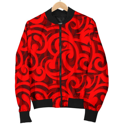 Maori Red Themed Design Print Women Casual Bomber Jacket