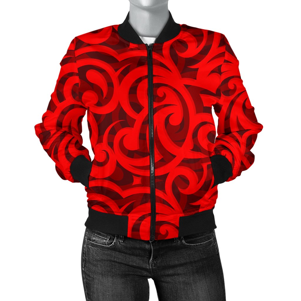 Maori Red Themed Design Print Women Casual Bomber Jacket