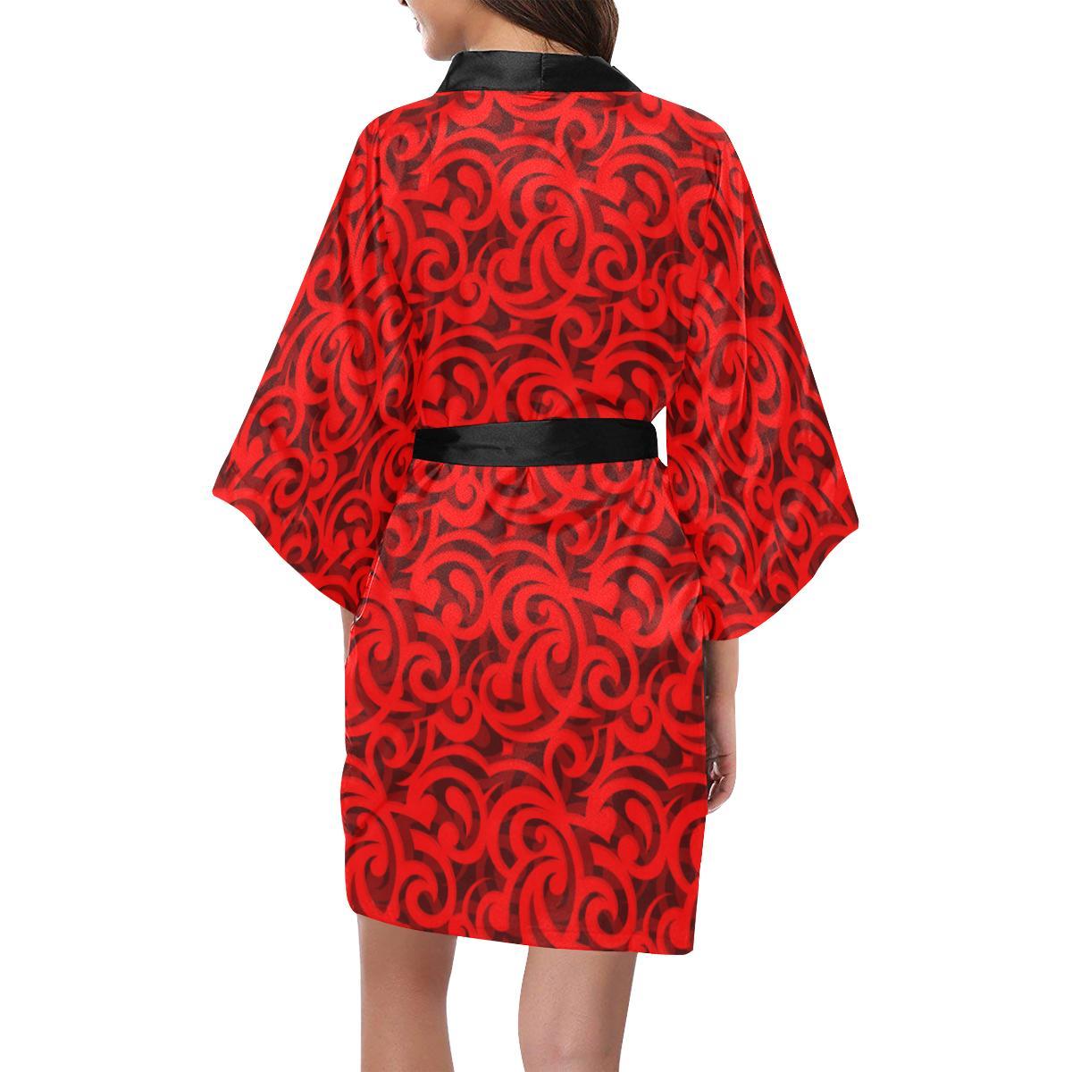 Maori Red Themed Design Print Women Short Kimono Robe