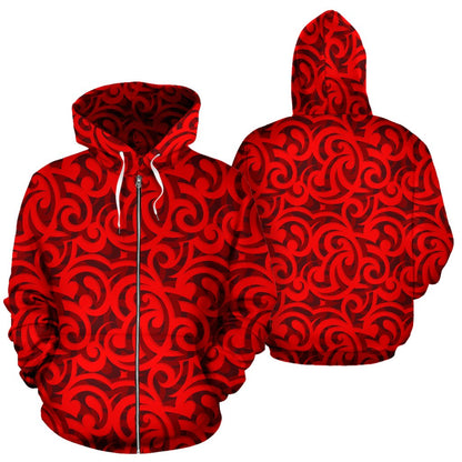 Maori Red Themed Design Print Zip Up Hoodie
