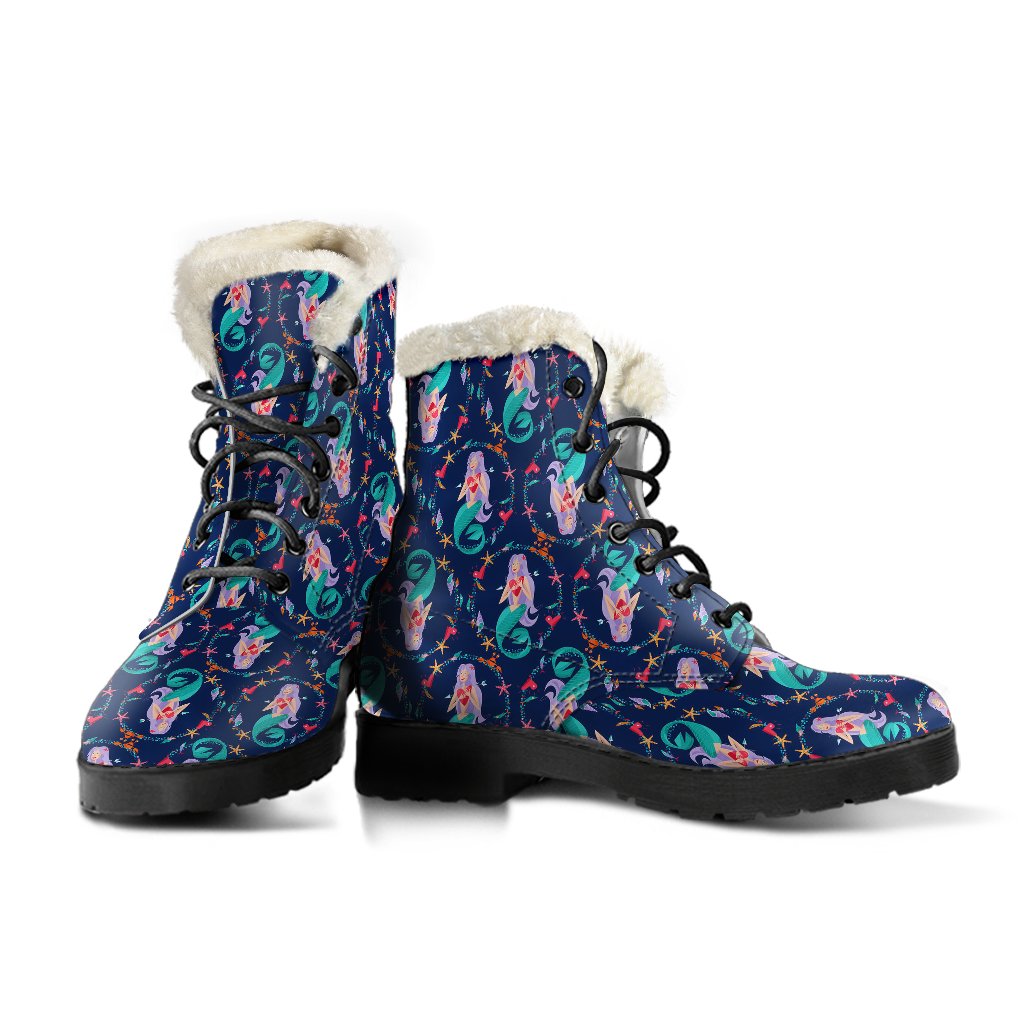 Mermaid Girl Cute Design Print Faux Fur Leather Boots-JTAMIGO.COM
