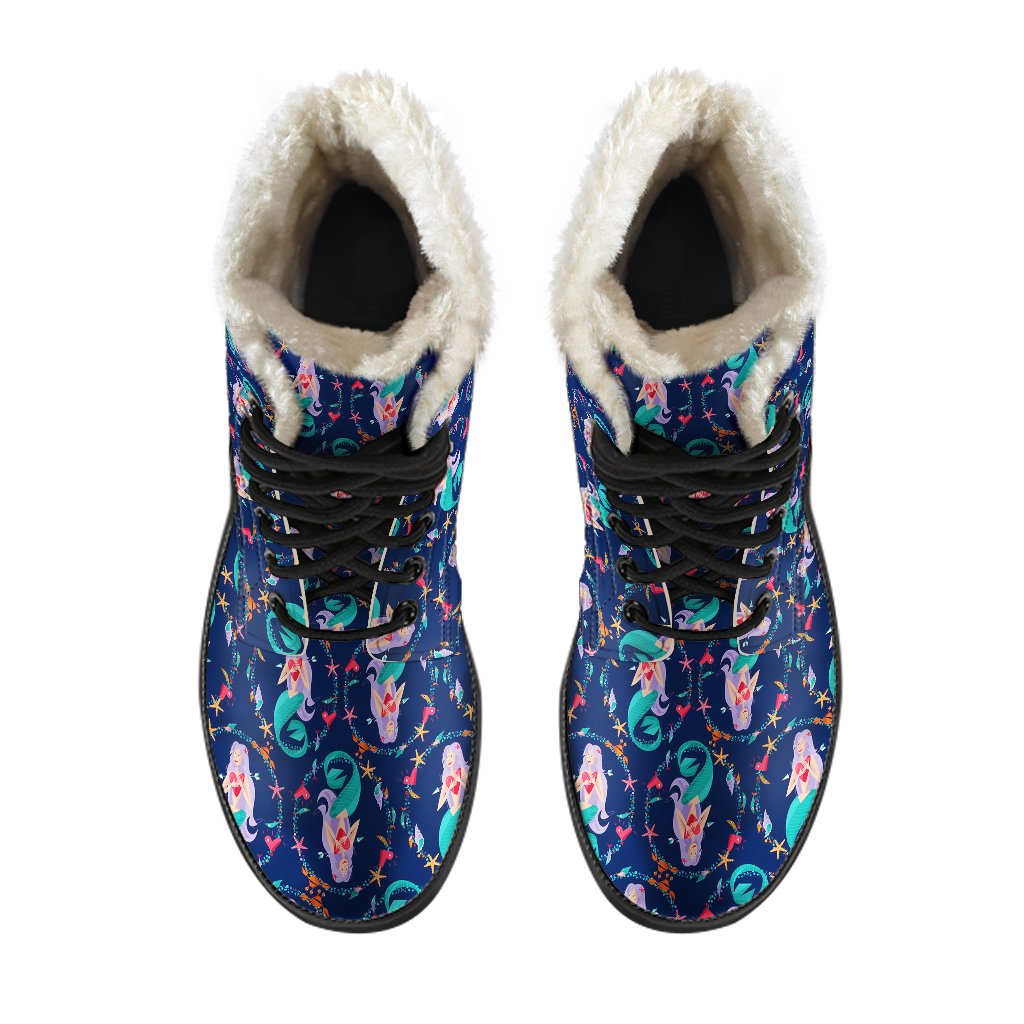 Mermaid Girl Cute Design Print Faux Fur Leather Boots-JTAMIGO.COM