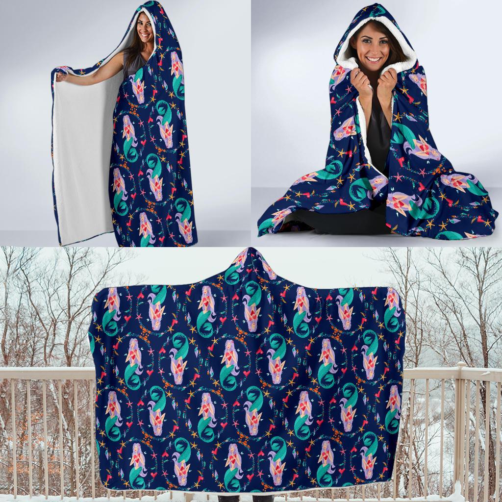 Mermaid Girl Cute Design Print Hooded Blanket-JTAMIGO.COM