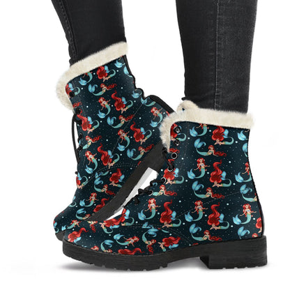 Mermaid Girl Themed Design Print Faux Fur Leather Boots-JTAMIGO.COM