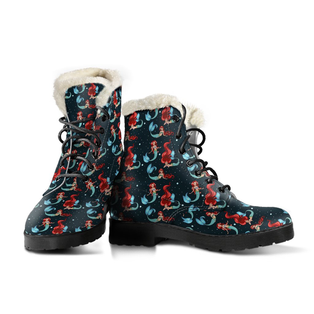 Mermaid Girl Themed Design Print Faux Fur Leather Boots-JTAMIGO.COM