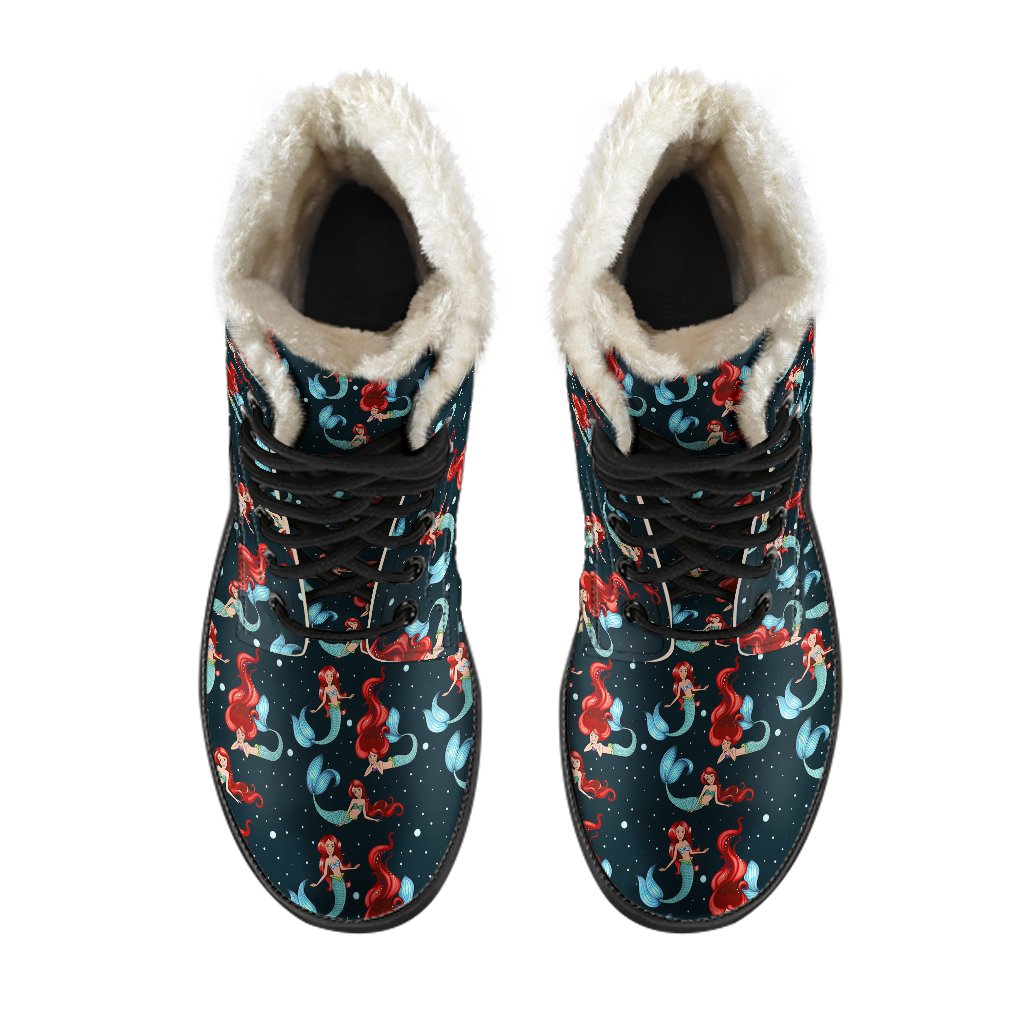 Mermaid Girl Themed Design Print Faux Fur Leather Boots-JTAMIGO.COM