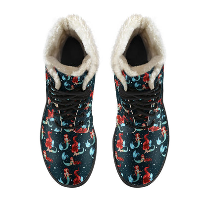 Mermaid Girl Themed Design Print Faux Fur Leather Boots-JTAMIGO.COM
