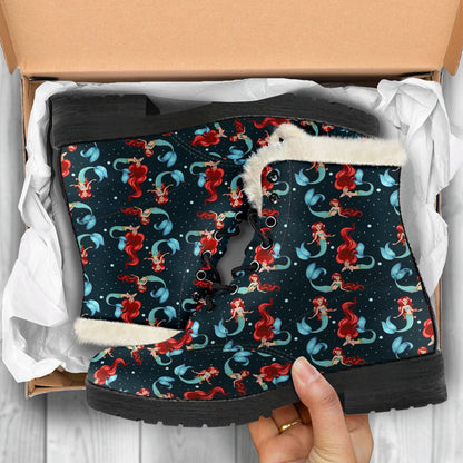 Mermaid Girl Themed Design Print Faux Fur Leather Boots-JTAMIGO.COM