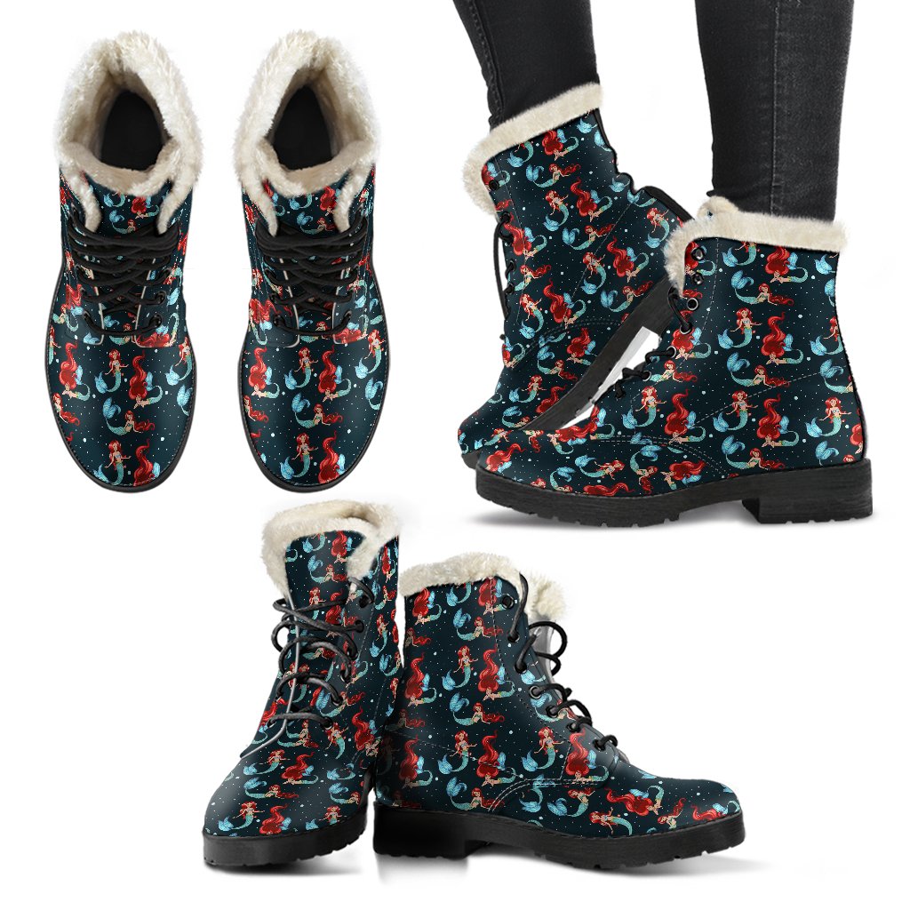 Mermaid Girl Themed Design Print Faux Fur Leather Boots-JTAMIGO.COM