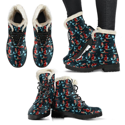 Mermaid Girl Themed Design Print Faux Fur Leather Boots-JTAMIGO.COM