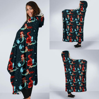 Mermaid Girl Themed Design Print Hooded Blanket-JTAMIGO.COM
