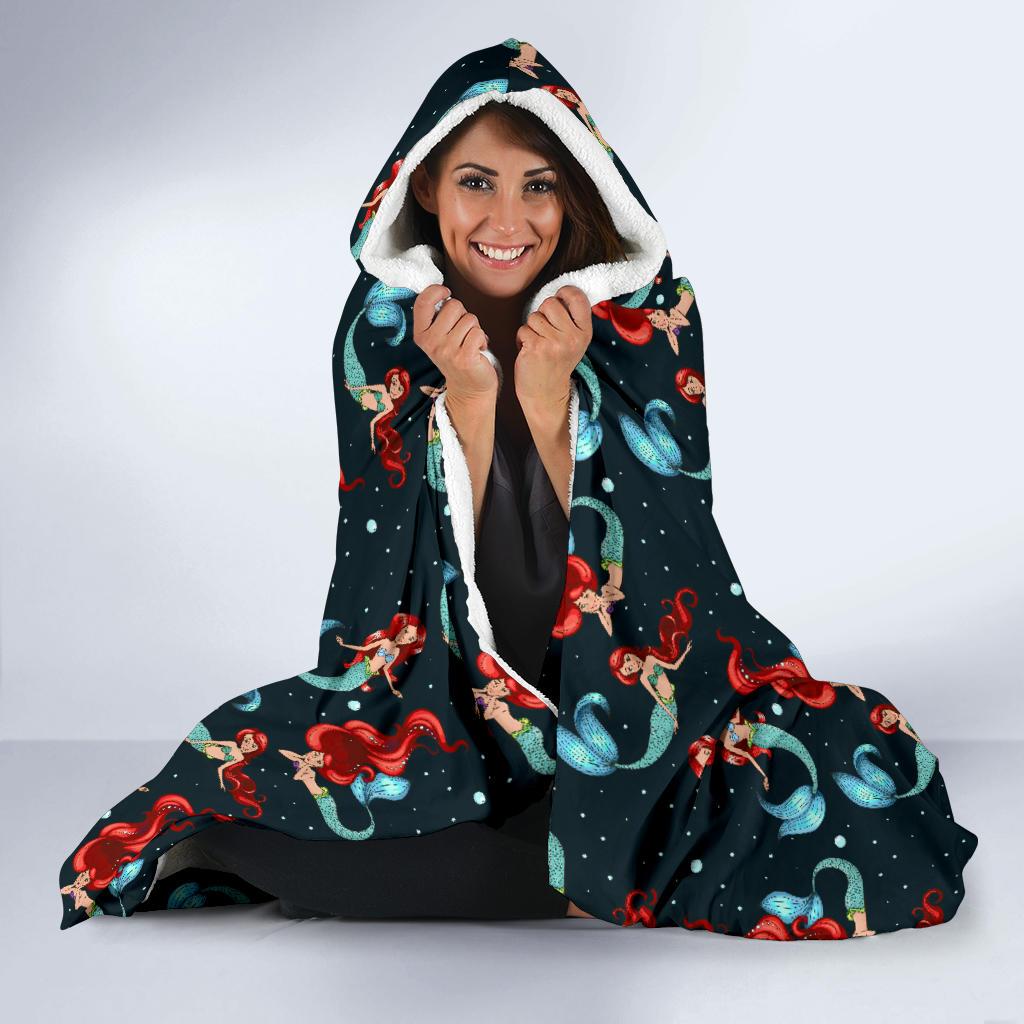 Mermaid Girl Themed Design Print Hooded Blanket-JTAMIGO.COM