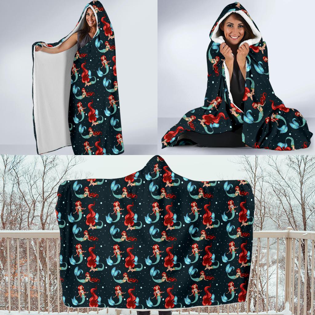 Mermaid Girl Themed Design Print Hooded Blanket-JTAMIGO.COM