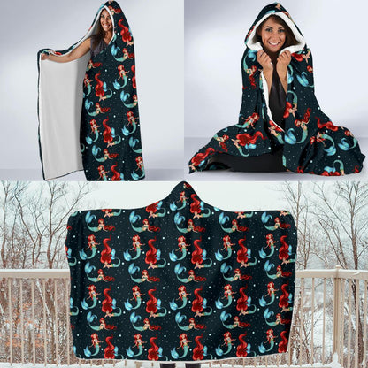 Mermaid Girl Themed Design Print Hooded Blanket-JTAMIGO.COM