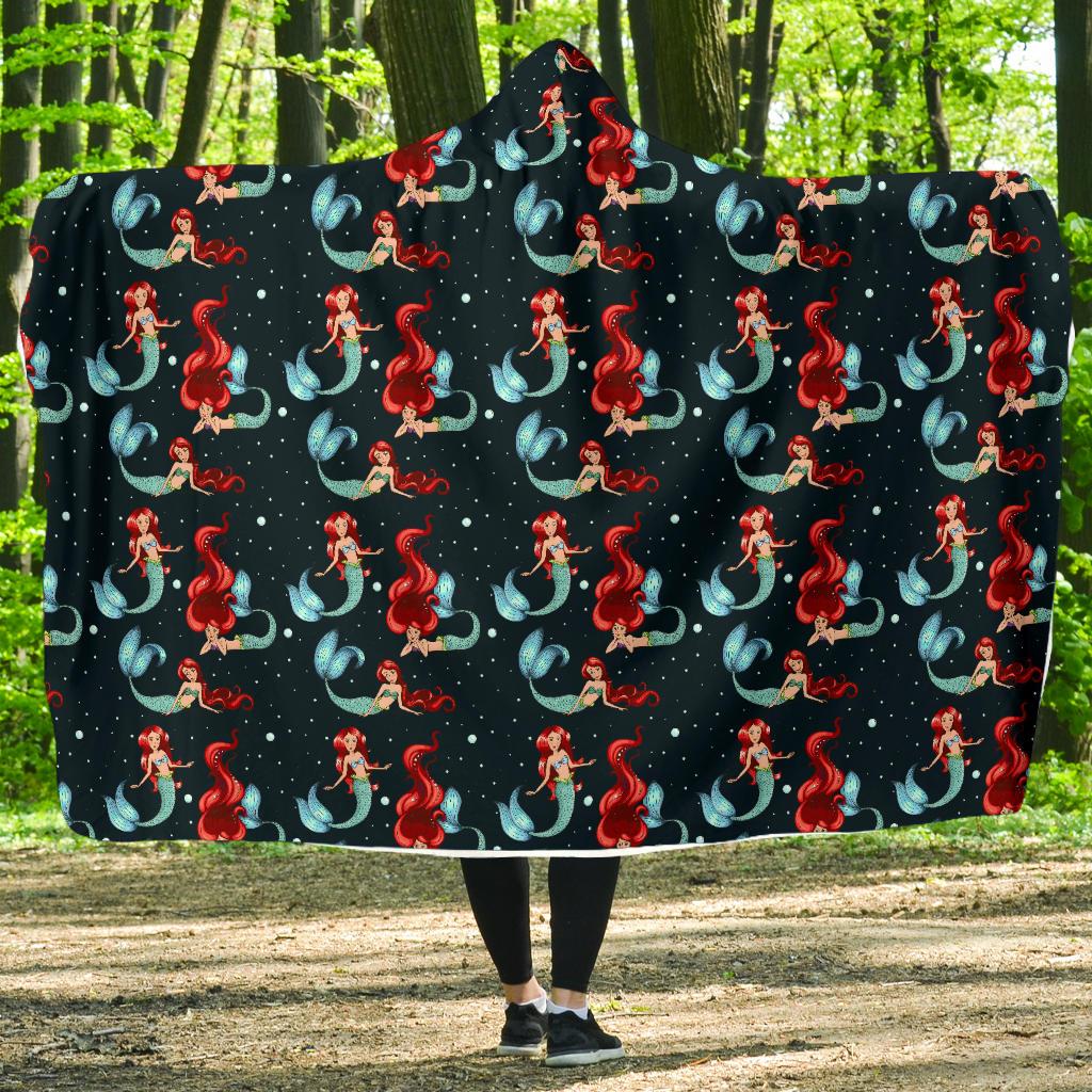 Mermaid Girl Themed Design Print Hooded Blanket-JTAMIGO.COM