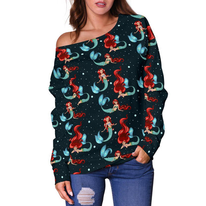 Mermaid Girl Themed Design Print Off Shoulder Sweatshirt