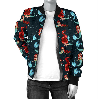 Mermaid Girl Themed Design Print Women Casual Bomber Jacket