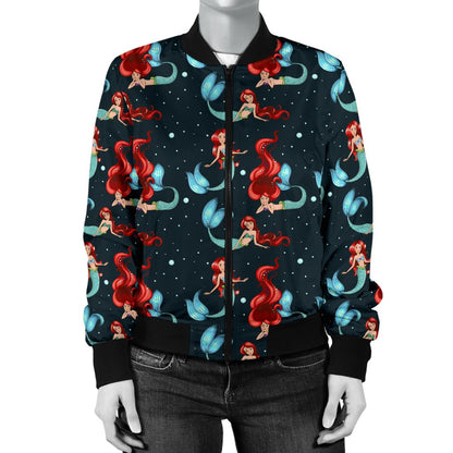 Mermaid Girl Themed Design Print Women Casual Bomber Jacket