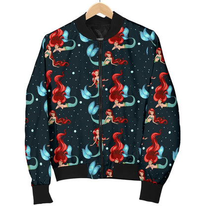 Mermaid Girl Themed Design Print Women Casual Bomber Jacket