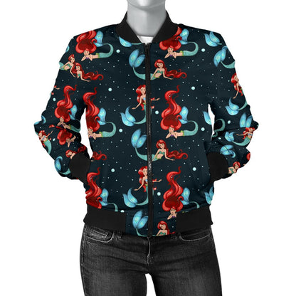Mermaid Girl Themed Design Print Women Casual Bomber Jacket