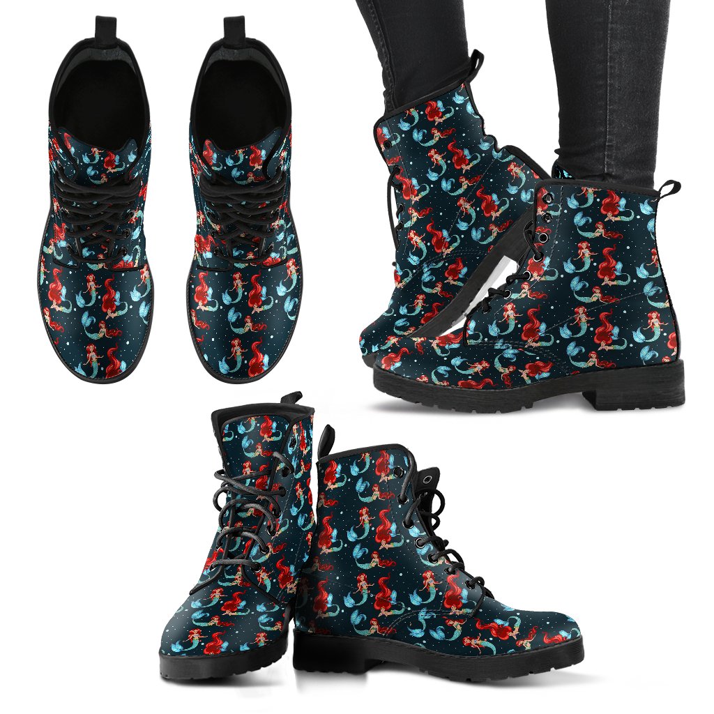 Mermaid Girl Themed Design Print Women Leather Boots-JTAMIGO.COM