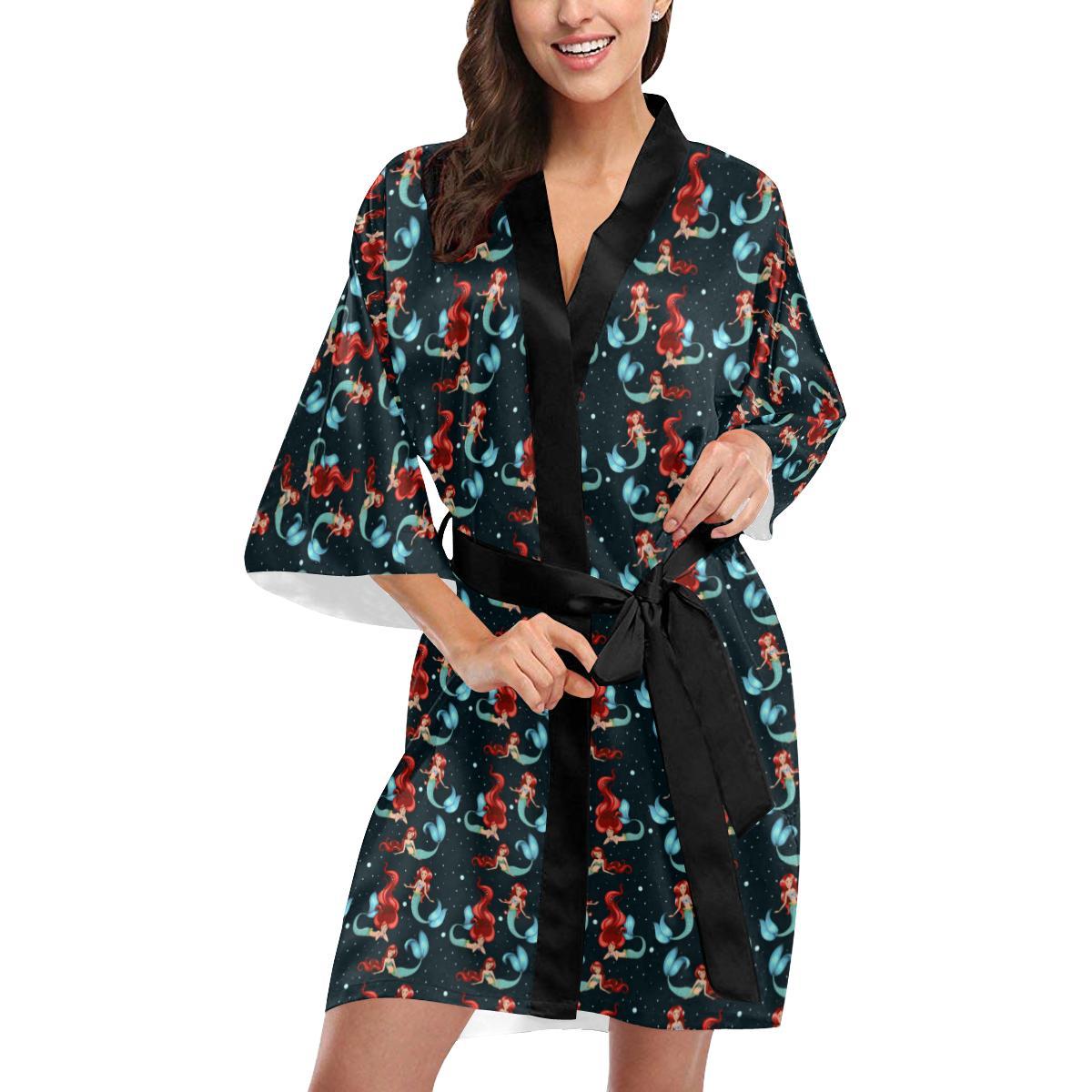 Mermaid Girl Themed Design Print Women Short Kimono Robe