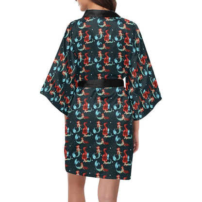 Mermaid Girl Themed Design Print Women Short Kimono Robe