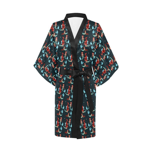 Mermaid Girl Themed Design Print Women Short Kimono Robe