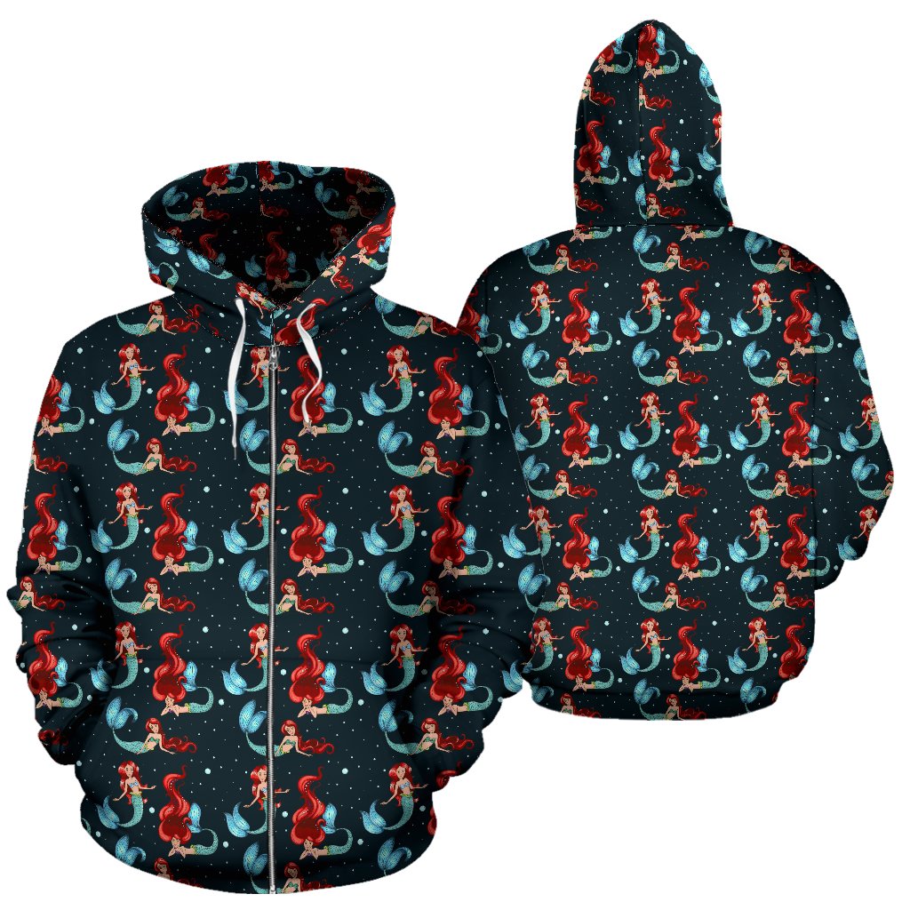 Mermaid Girl Themed Design Print Zip Up Hoodie