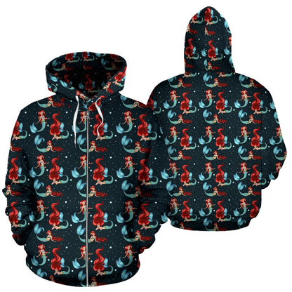 Mermaid Girl Themed Design Print Zip Up Hoodie