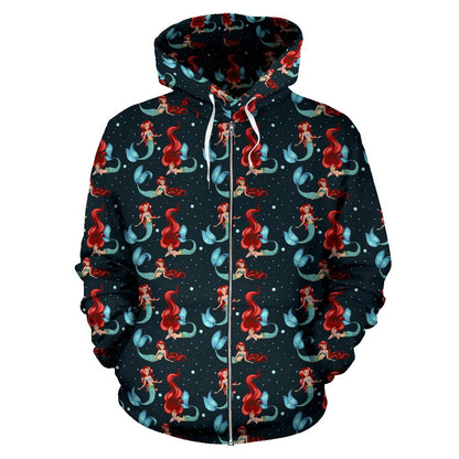 Mermaid Girl Themed Design Print Zip Up Hoodie