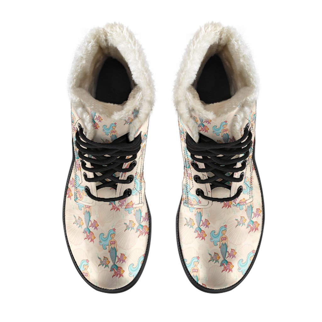 Mermaid Girl With Fish Design Print Faux Fur Leather Boots-JTAMIGO.COM