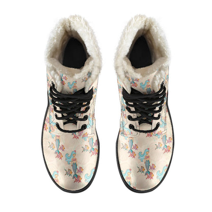 Mermaid Girl With Fish Design Print Faux Fur Leather Boots-JTAMIGO.COM