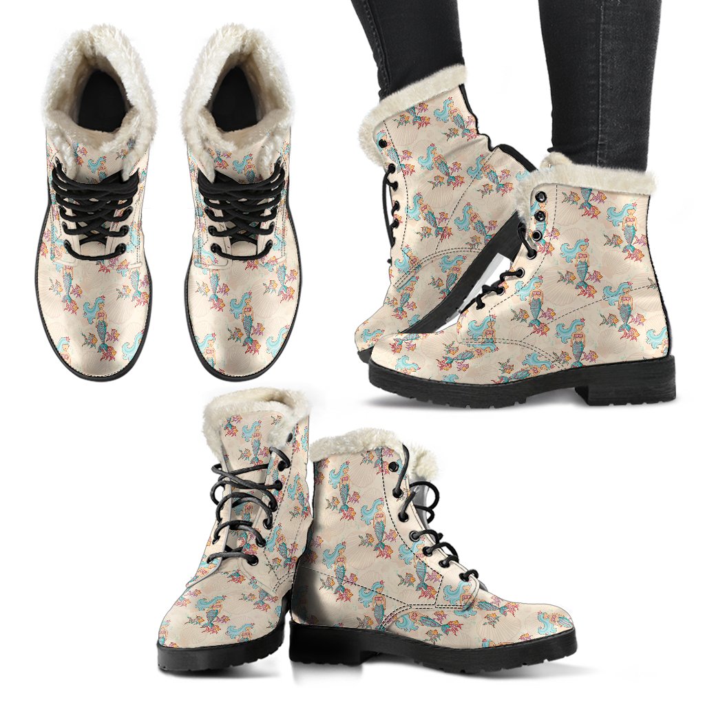 Mermaid Girl With Fish Design Print Faux Fur Leather Boots-JTAMIGO.COM