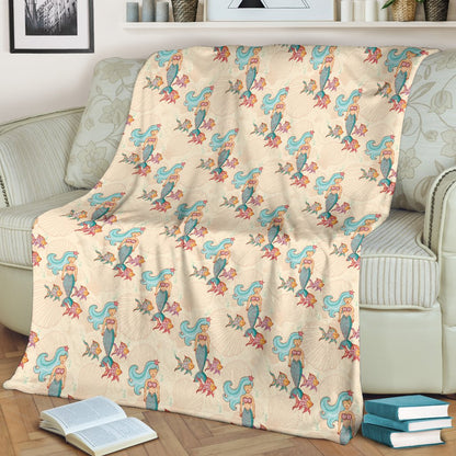 Mermaid Girl With Fish Design Print Fleece Blanket