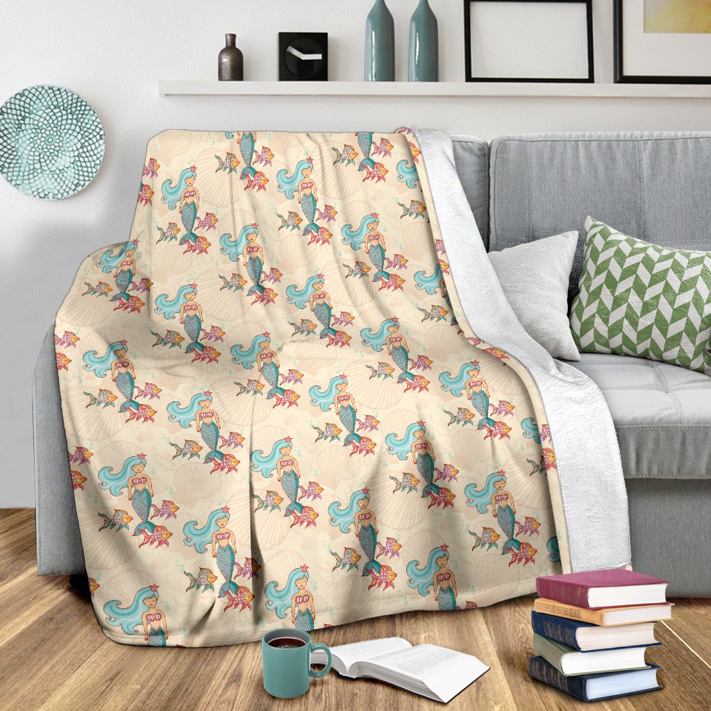 Mermaid Girl With Fish Design Print Fleece Blanket