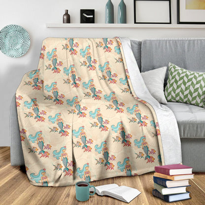 Mermaid Girl With Fish Design Print Fleece Blanket