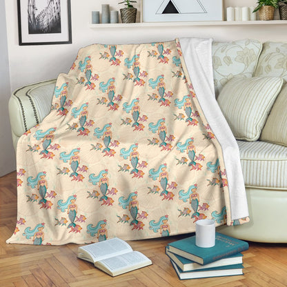 Mermaid Girl With Fish Design Print Fleece Blanket
