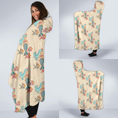 Mermaid Girl With Fish Design Print Hooded Blanket-JTAMIGO.COM