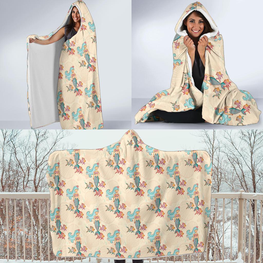 Mermaid Girl With Fish Design Print Hooded Blanket-JTAMIGO.COM