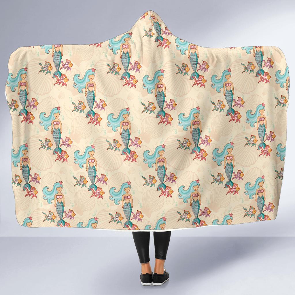 Mermaid Girl With Fish Design Print Hooded Blanket-JTAMIGO.COM
