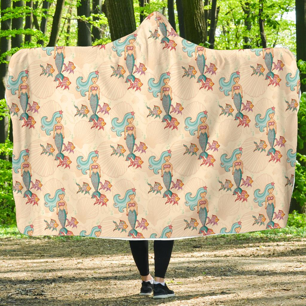 Mermaid Girl With Fish Design Print Hooded Blanket-JTAMIGO.COM