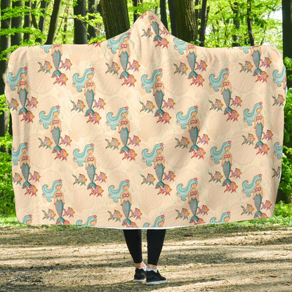 Mermaid Girl With Fish Design Print Hooded Blanket-JTAMIGO.COM