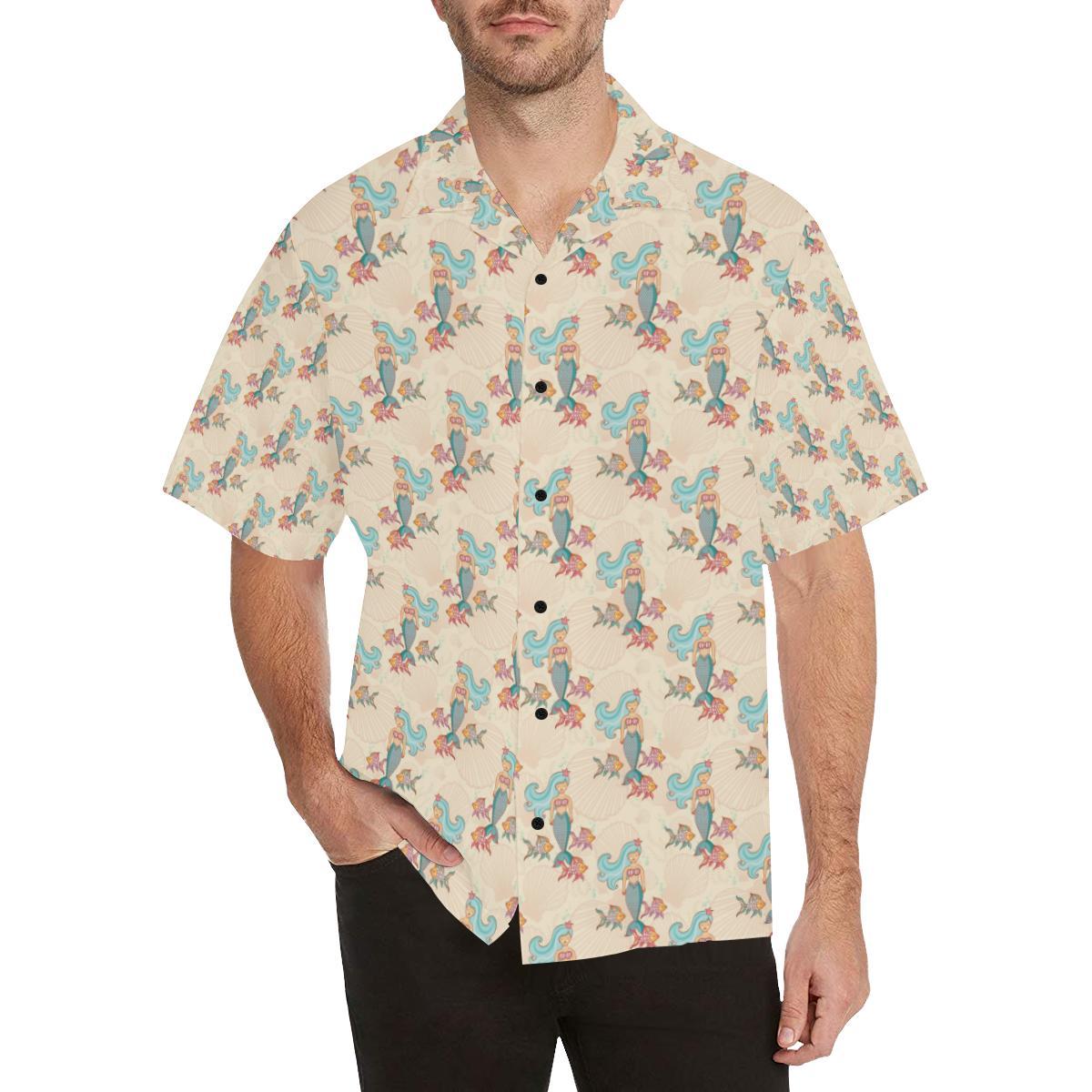 Mermaid Girl With Fish Design Print Men Aloha Hawaiian Shirt